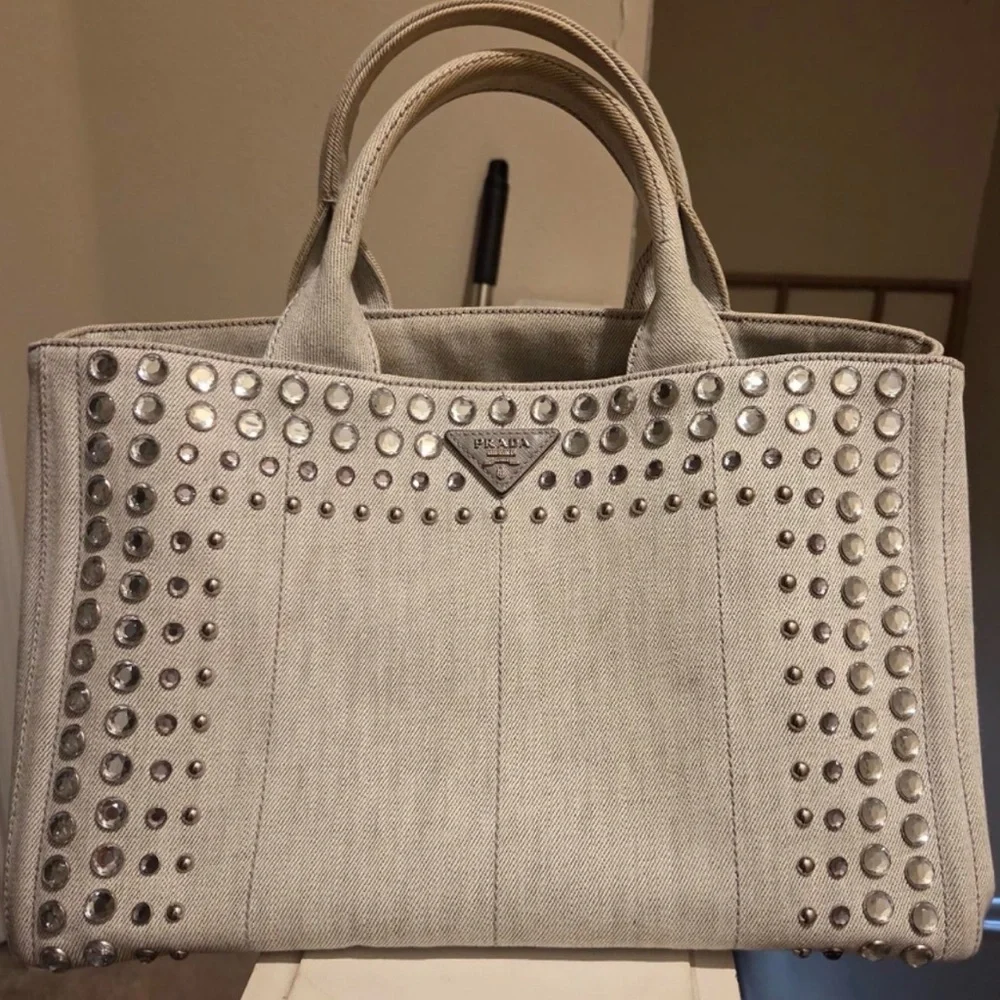 RARE Authentic Prada Canapa Grey Crystal Studded Tote Bag 💯 🔥 - Picture 1 of 1